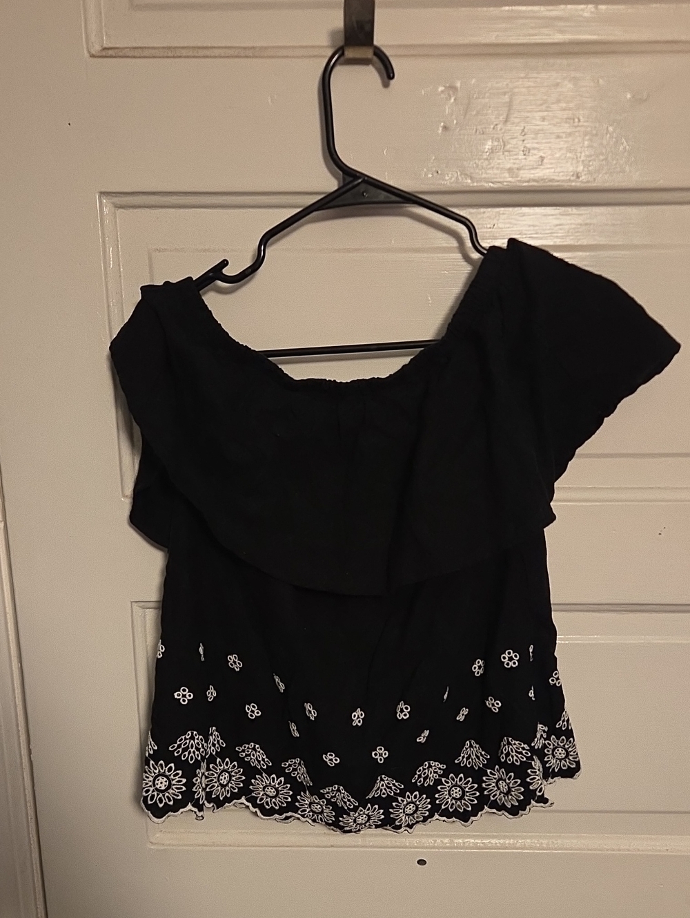 Old Navy Black Off-Shoulder Crop Top with White Embroidery